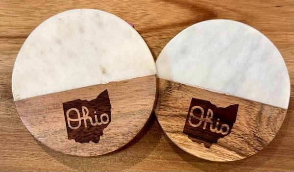 Pair of 4-inch round State of Ohio coasters made of white marble and natural wood.