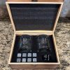 Personalized Bourbon Gift Set with engraved glasses and whiskey stones in a wooden box.