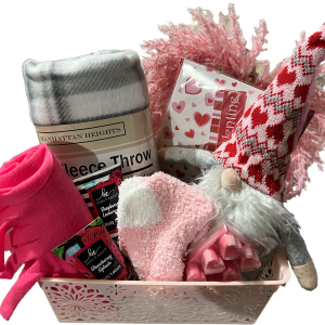 Ohio Basket Chic Valentines kitchen and home basket featuring a plush gnome and holiday candles as a Valentine Day gift for women
