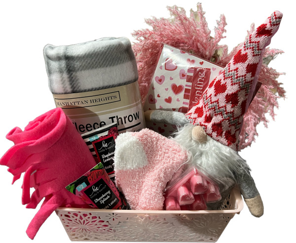Ohio Basket Chic Valentines kitchen and home basket featuring a plush gnome and holiday candles as a Valentine Day gift for women