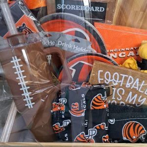 Large Cincinnati Bengals gift basket in a handmade wooden crate with team flag and cutting board.
