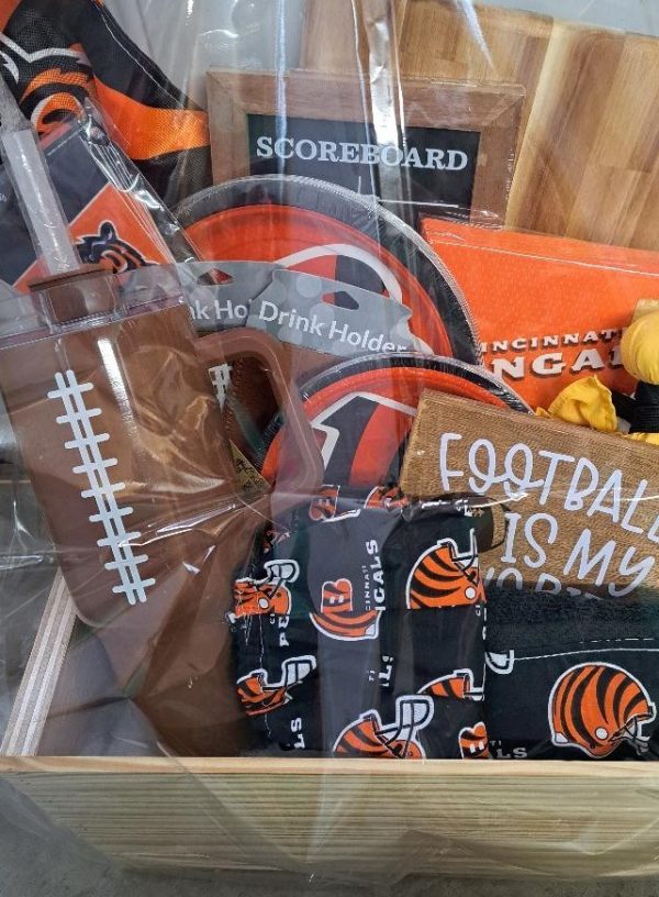 Large Cincinnati Bengals gift basket in a handmade wooden crate with team flag and cutting board.