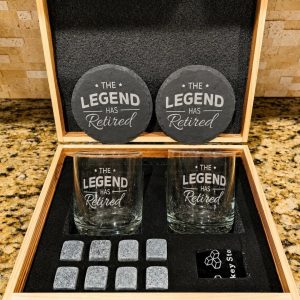 Retirement Bourbon Box with Glasses, Coasters & Whiskey Stones