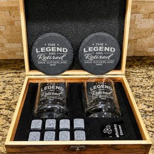 Personalized Retirement Bourbon Box with Glasses, Coasters & Whiskey Stones