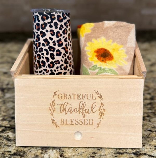 Corporate appreciation gift sets 25 pack customized wooden box with engraved logo stainless tumbler and kitchen towel
