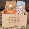 Custom corporate appreciation gift sets in personalized logo wood box with bread mix and kitchen towel.