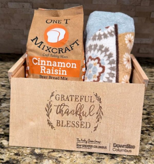 Custom corporate appreciation gift sets in personalized logo wood box with bread mix and kitchen towel.