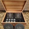 Personalized Home Sweet Home bourbon gift set with engraved glasses and whiskey stones in a wood box.