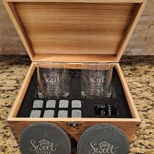Personalized Home Sweet Home bourbon gift set with engraved glasses and whiskey stones in a wood box.
