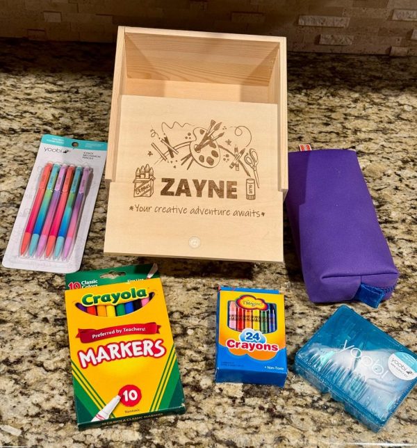 Personalized kids school supply crate with engraved name and 5 items