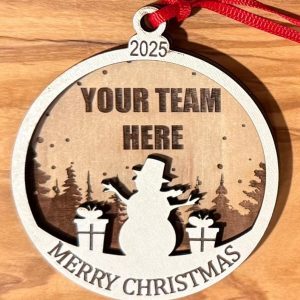 Custom sports team ornament laser engraved in wood by Ohio Basket Chic for football basketball and baseball fans.