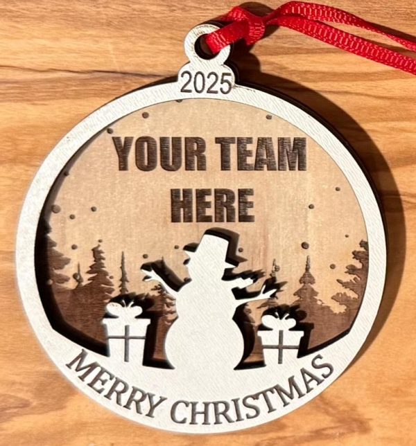 Custom sports team ornament laser engraved in wood by Ohio Basket Chic for football basketball and baseball fans.