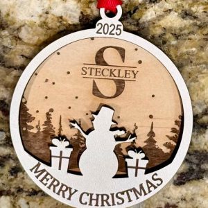Handcrafted wooden personalized family name ornament laser engraved for a custom anniversary or housewarming gift
