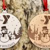 Ohio Basket Chic custom corporate Christmas ornaments laser engraved with business logo on white birch wood.
