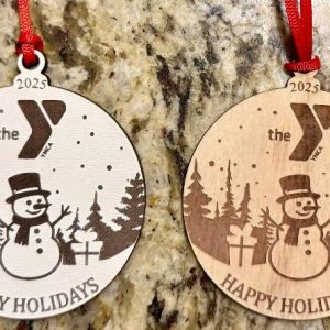 Ohio Basket Chic custom corporate Christmas ornaments laser engraved with business logo on white birch wood.