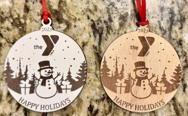 Ohio Basket Chic custom corporate Christmas ornaments laser engraved with business logo on white birch wood.