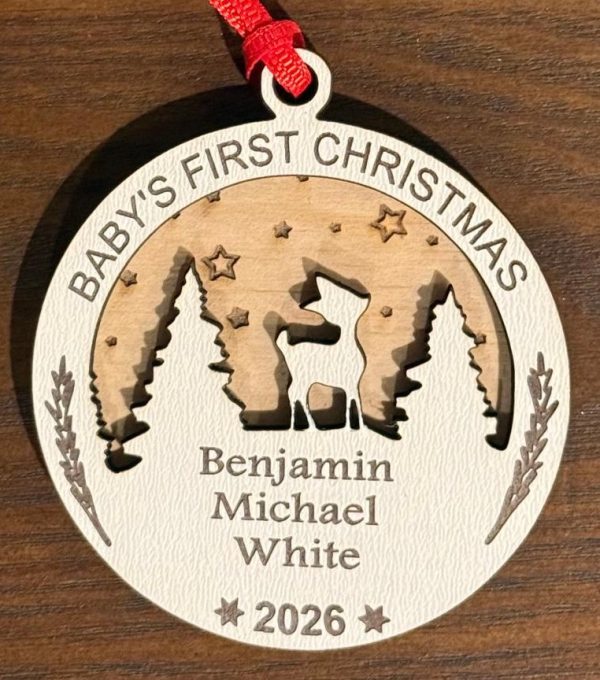 Personalized baby first christmas ornament in natural and painted birch wood by Ohio Basket Chic