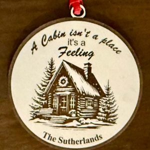 Handcrafted Ohio Basket Chic personalized cabin Christmas ornament made of white birch wood engraved with a family name.