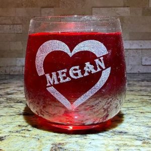 Personalized juice rocks glass with etched heart design for gift for her.