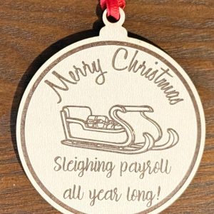 Ohio Basket Chic handcrafted white birch wood ornament featuring laser engraving for payroll company employees holiday gifts.