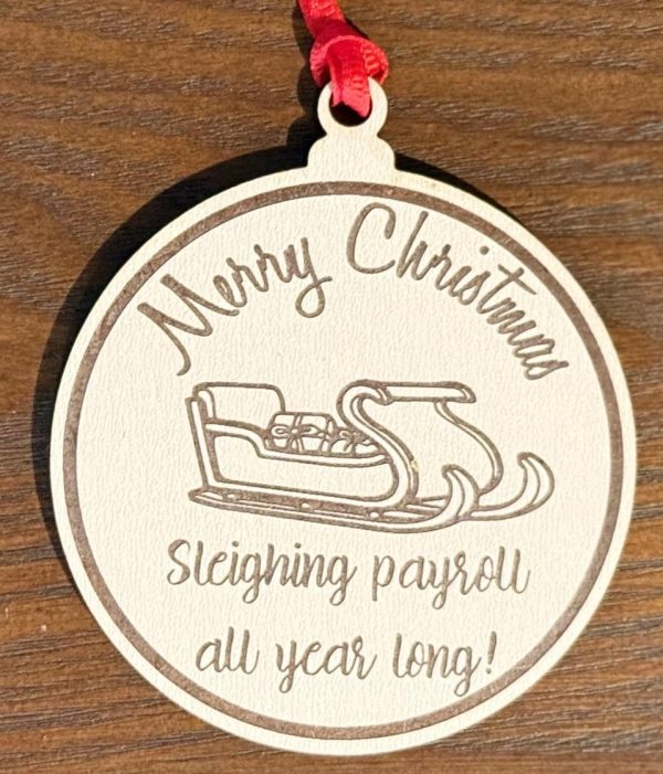 Ohio Basket Chic handcrafted white birch wood ornament featuring laser engraving for payroll company employees holiday gifts.