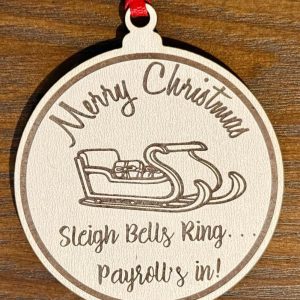 Ohio Basket Chic handcrafted white birch wood ornament featuring laser engraving for payroll company employees holiday gifts.