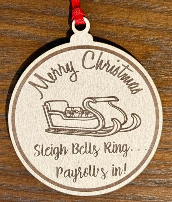Ohio Basket Chic handcrafted white birch wood ornament featuring laser engraving for payroll company employees holiday gifts.
