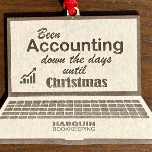 Custom laser engraved wood accounting ornament with company logo as gifts for accountants.