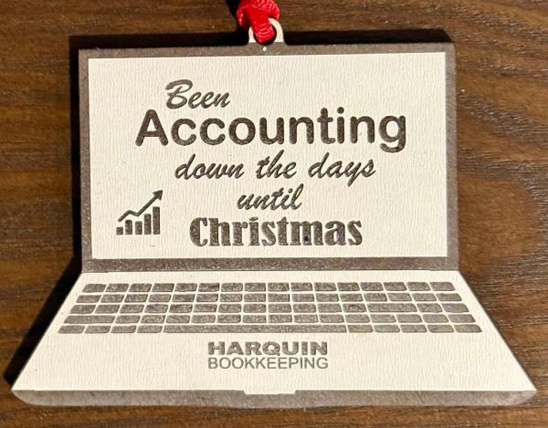 Custom laser engraved wood accounting ornament with company logo as gifts for accountants.