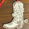 Personalized cowboy boot ornament made of engraved wood
