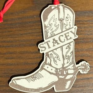Personalized cowboy boot ornament made of engraved wood