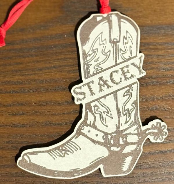 Personalized cowboy boot ornament made of engraved wood