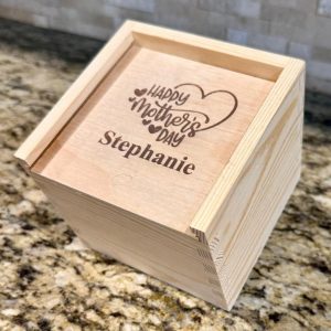 Ohio Basket Chic personalized wooden gift box engraved with custom name for Mother’s Day gift.