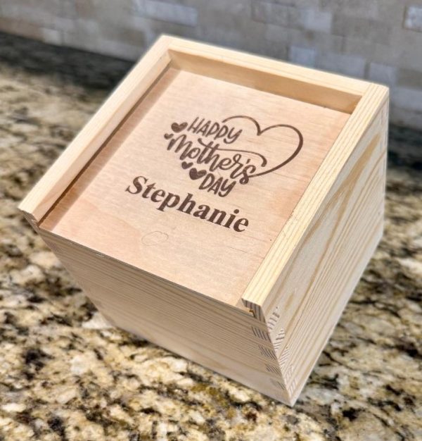 Ohio Basket Chic personalized wooden gift box engraved with custom name for Mother’s Day gift.