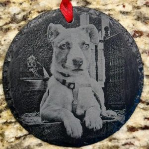 Custom pet photo ornament engraved on slate as a dog memorial gift