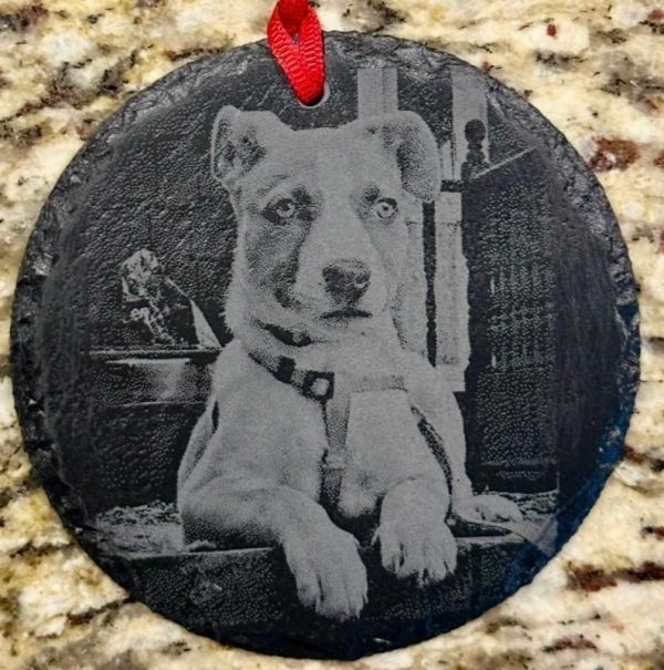 Custom pet photo ornament engraved on slate as a dog memorial gift