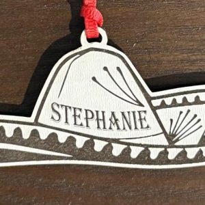 Personalized wood sombrero Christmas ornament with custom laser engraved name