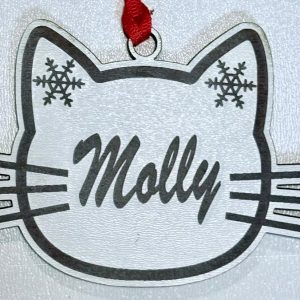 Handcrafted laser engraved wood personalized cat name ornament featuring a custom engraved name