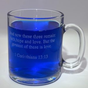 Personalized clear glass coffee mug. Perfect to add to a gift basket.