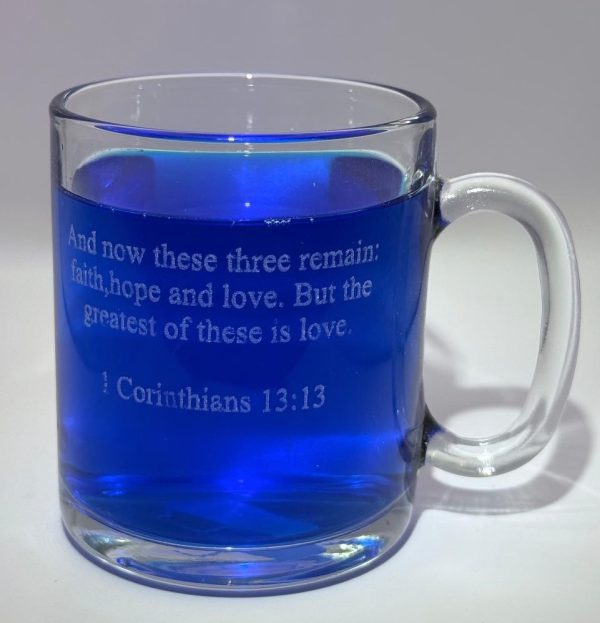 Personalized clear glass coffee mug. Perfect to add to a gift basket.