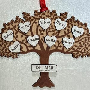 Ohio Basket Chic personalized corporate team ornament made of natural birch wood featuring multiple employee names engraved on the tree branches.