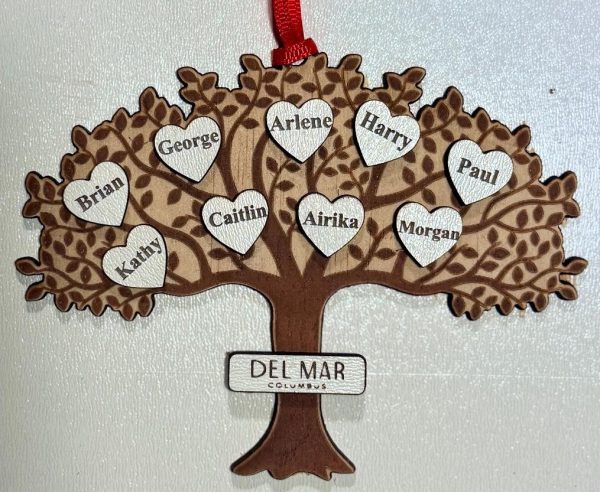 Ohio Basket Chic personalized corporate team ornament made of natural birch wood featuring multiple employee names engraved on the tree branches.