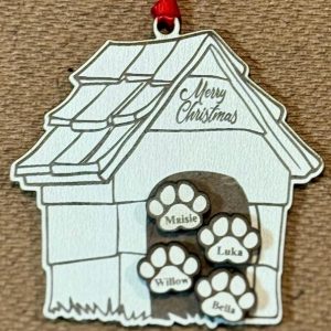 Personalized dog house ornament with custom engraved pet names on wooden paws by Ohio Basket Chic.