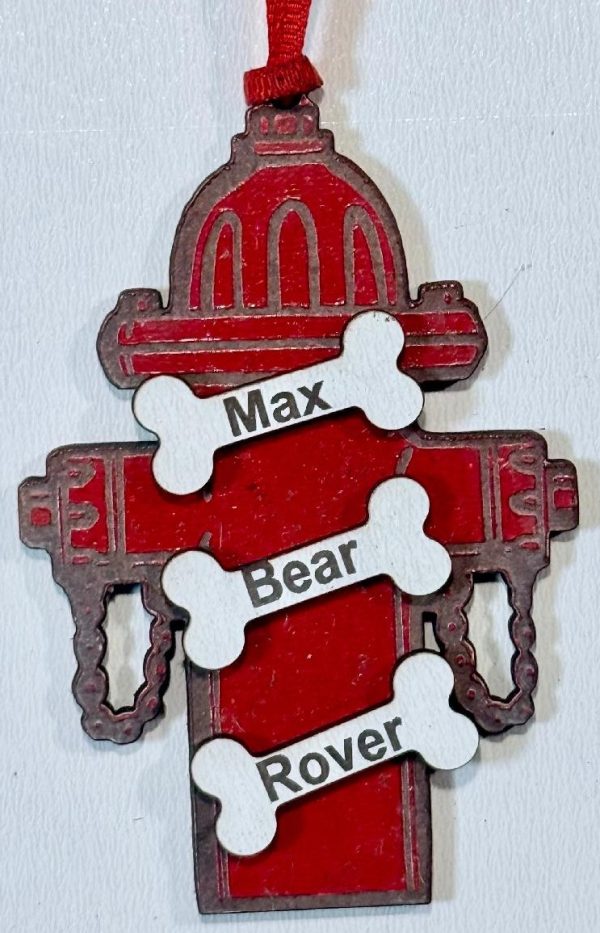 Personalized fire hydrant ornament for dogs with custom engraved name bones