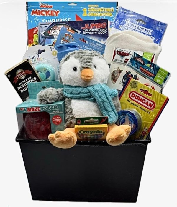 Boys get well soon basket care package with activities, games, plush, fleece blanket
