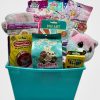 Premium custom laser engraved girls get well soon basket care package with plush animal and cozy blanket