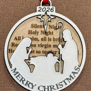 Handcrafted laser engraved wood nativity scene ornament with two dimensional natural birch manger scene