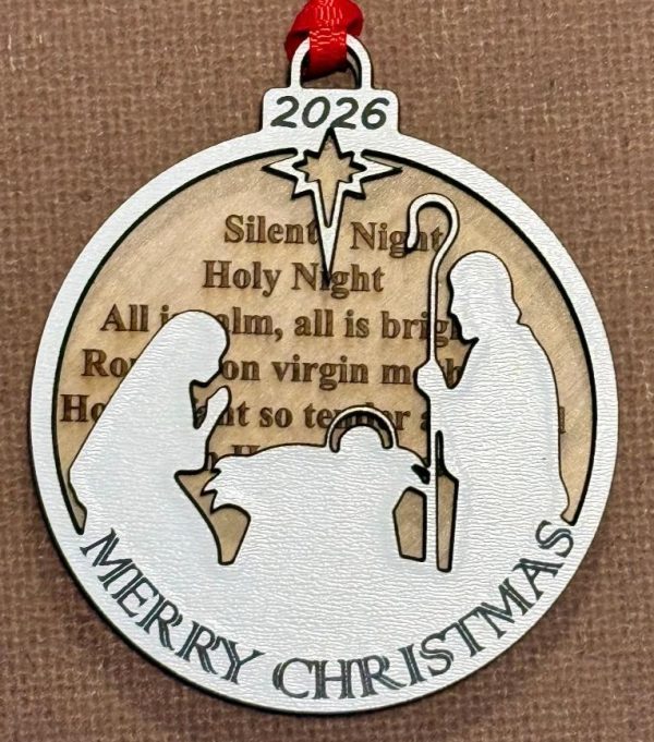 Handcrafted laser engraved wood nativity scene ornament with two dimensional natural birch manger scene