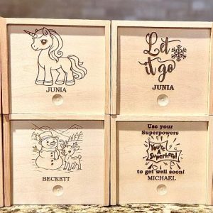 Personalized kids gift box with laser engraved name and superhero, frozen, LOL surprise, Christmas, or unicorn theme.