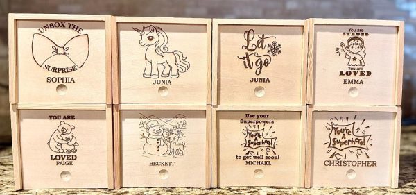 Personalized kids gift box with laser engraved name and superhero, frozen, LOL surprise, Christmas, or unicorn theme.